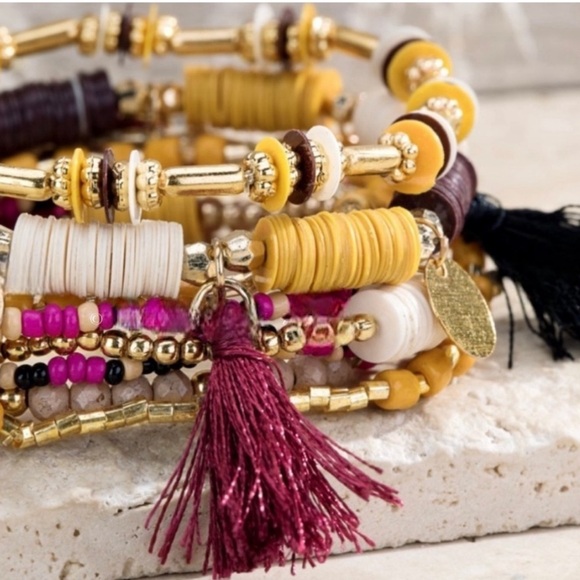 (69) 🍁New Fall🍁 Boho Yellow, Fuchsia And Tan Multi Strand Tassel Beaded Bracelet - Picture 5 of 6